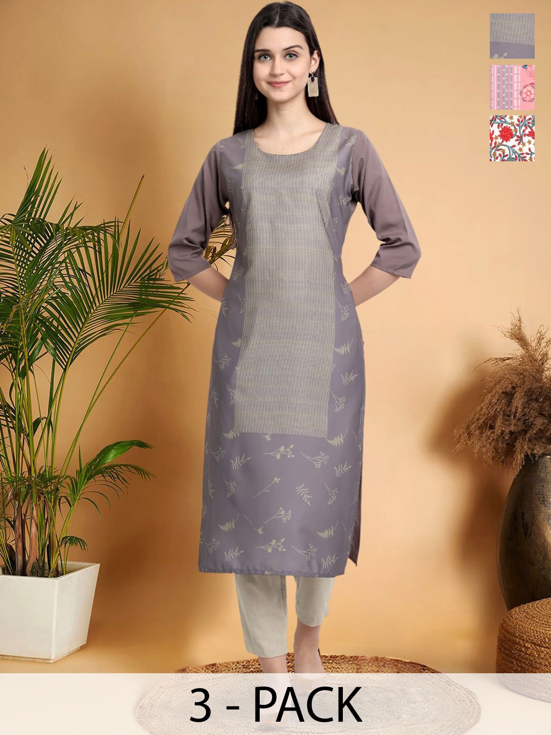 

7Threads Selection Of 3 Ethnic Motifs Printed Straight Kurtas, Purple