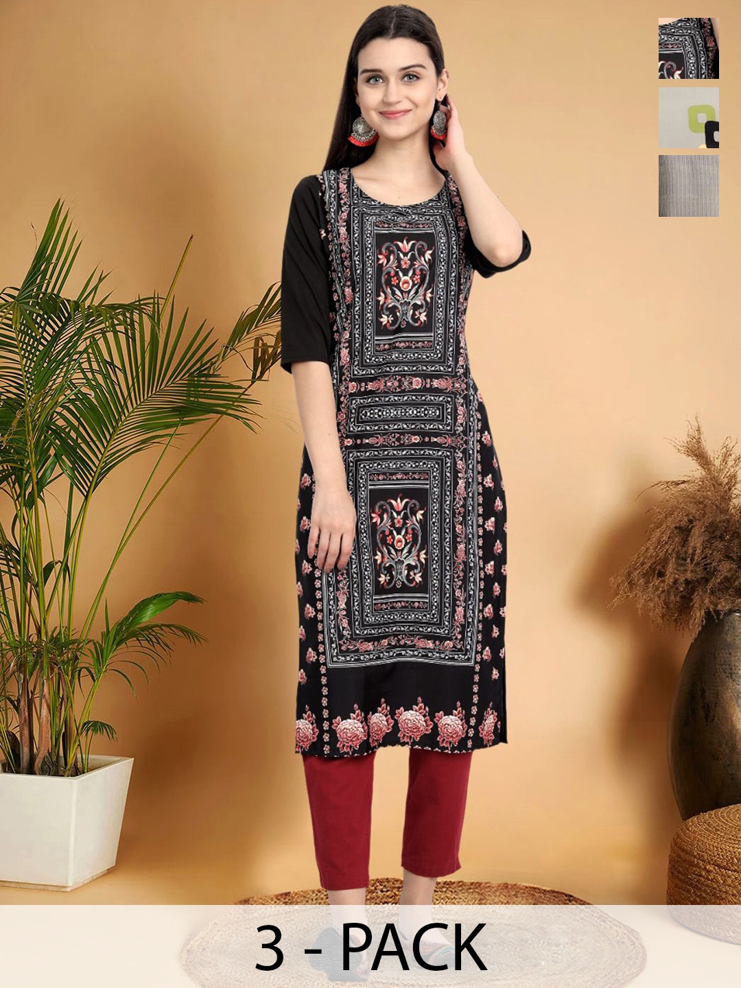 

7Threads Selection Of 3 Ethnic Motifs Printed Straight Kurtas, Black