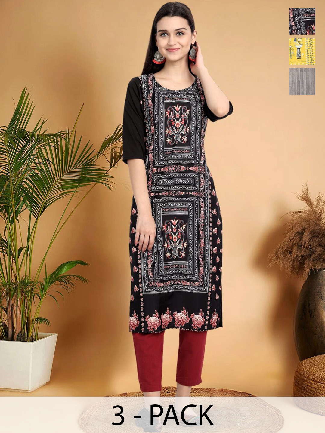 7Threads Selection Of 3 Ethnic Motifs Printed Straight Kurtas, Black