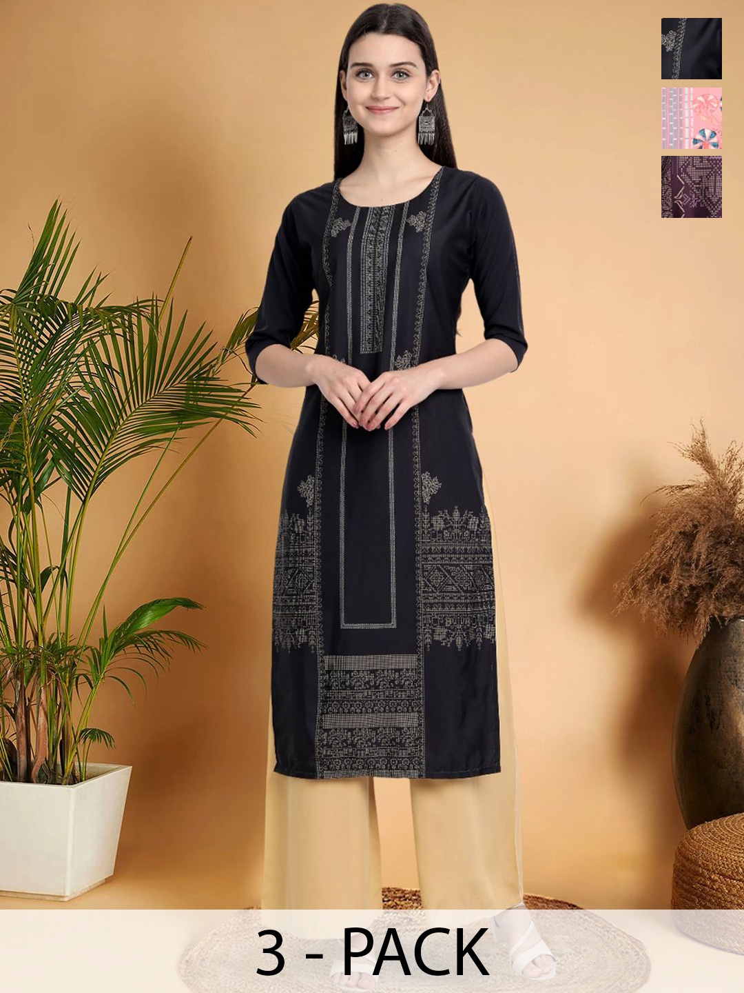 

7Threads Selection Of 3 Ethnic Motifs Printed Straight Kurtas, Black