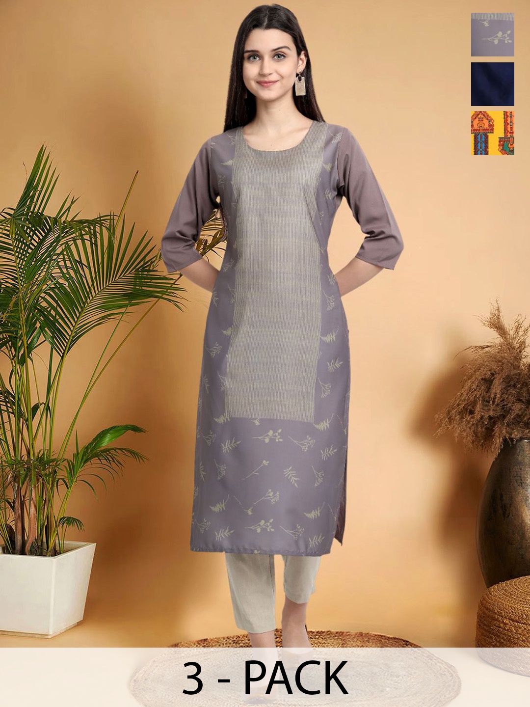 7Threads Selection Of 3 Ethnic Motifs Printed Straight Kurtas, Purple