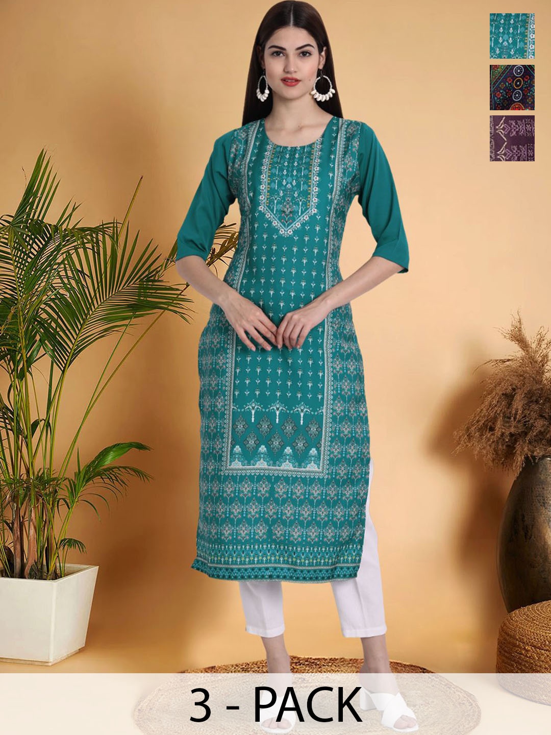 

7Threads Selection Of 3 Ethnic Motifs Printed Straight Kurtas, Blue