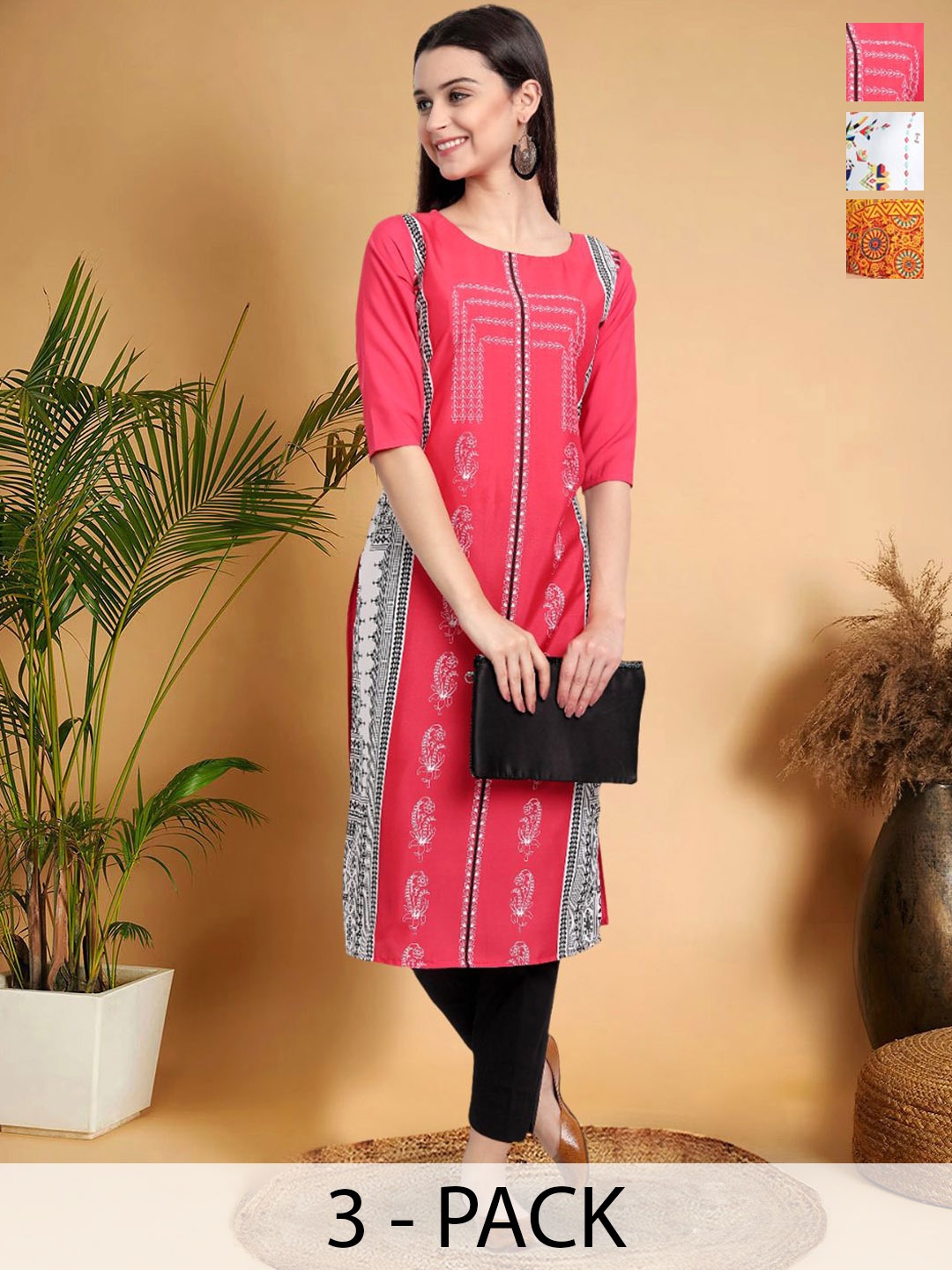 

7Threads Selection Of 3 Ethnic Motifs Printed Straight Kurtas, Pink