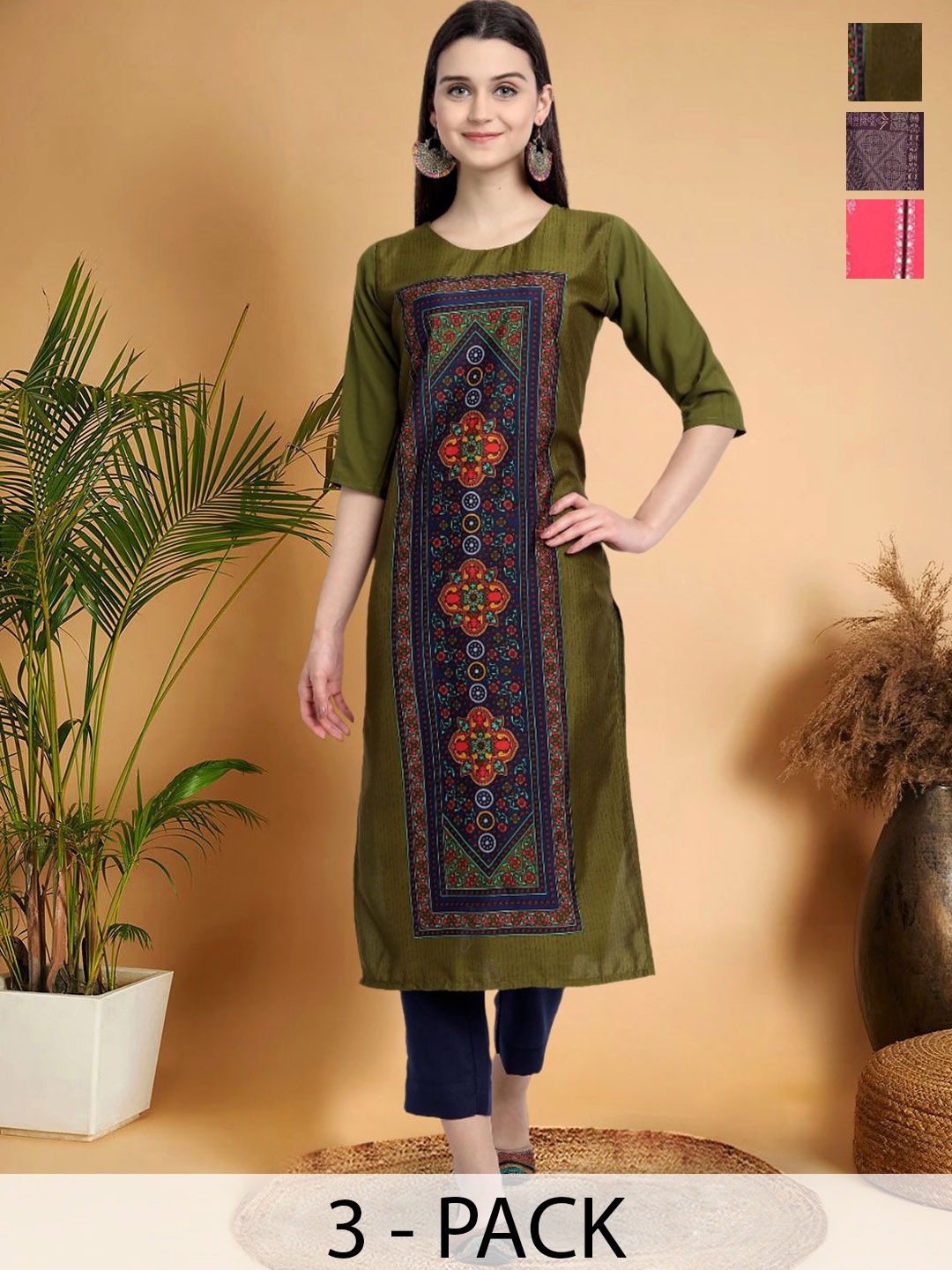 

7Threads Selection Of 3 Ethnic Motifs Printed Straight Kurtas, Olive