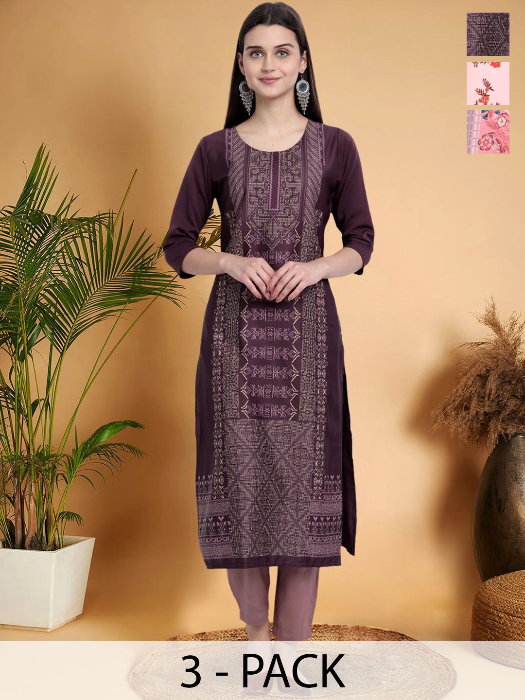7Threads Selection Of 3 Ethnic Motifs Printed Straight Kurtas, Purple