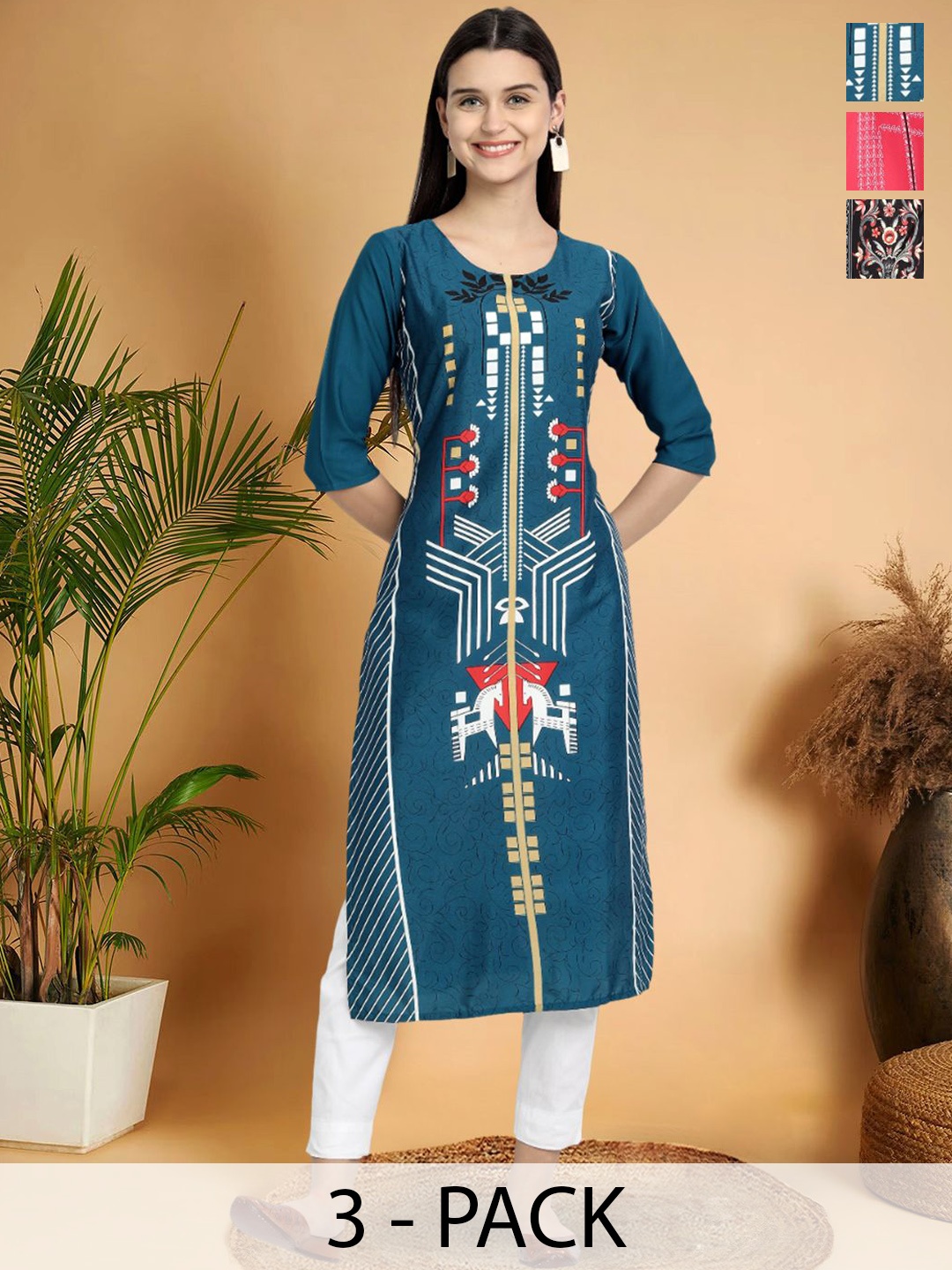 

7Threads Selection Of 3 Ethnic Motifs Printed Round Neck Straight Kurtas, Blue