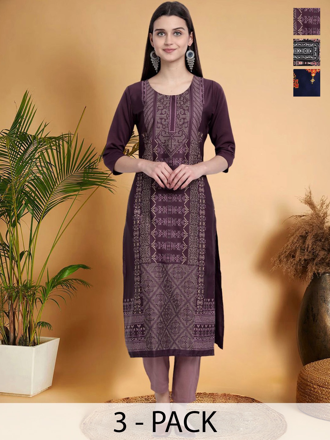 

7Threads Selection Of 3 Ethnic Motifs Printed Round Neck Straight Kurtas, Purple