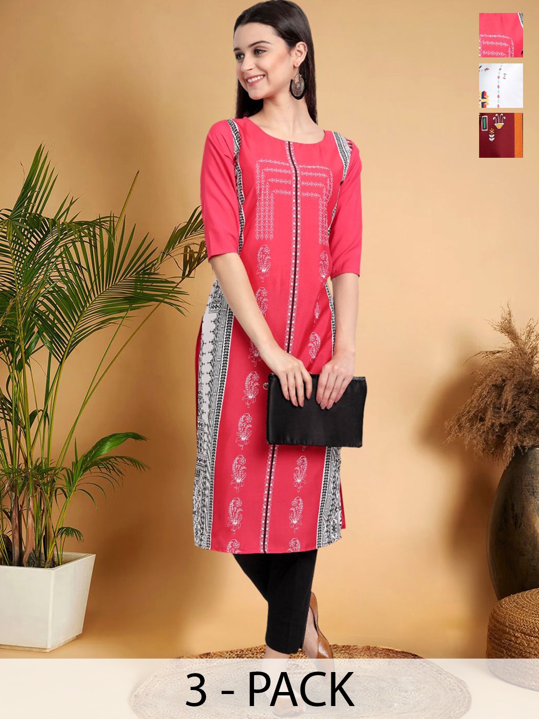 

7Threads Selection Of 3 Ethnic Motifs Printed Round Neck Straight Kurtas, Peach