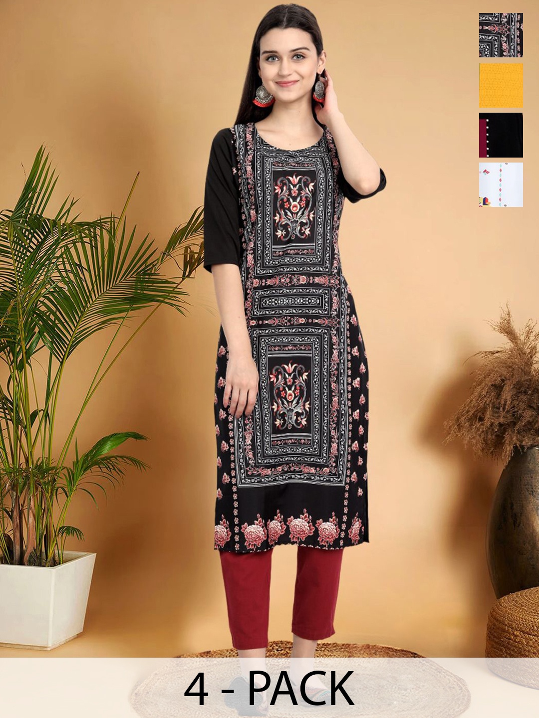 

7Threads Selection Of 4 Ethnic Motifs Printed Round Neck Straight Kurtas, Black