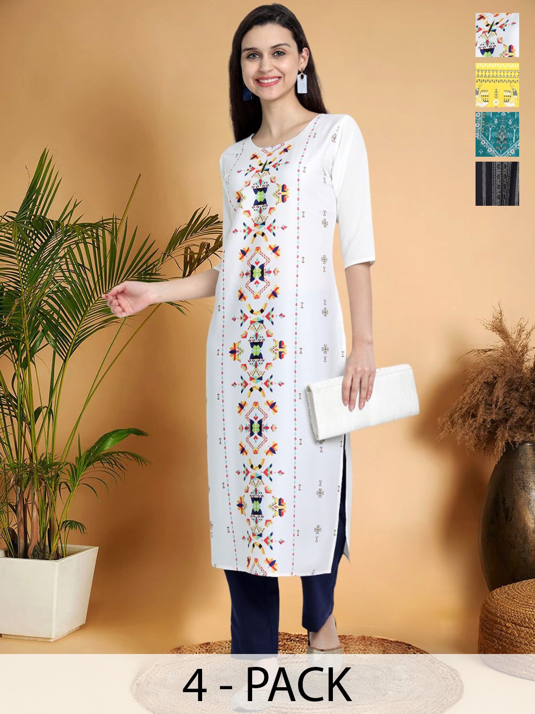 

7Threads Selection Of 4 Ethnic Motifs Printed Round Neck Straight Kurtas, White