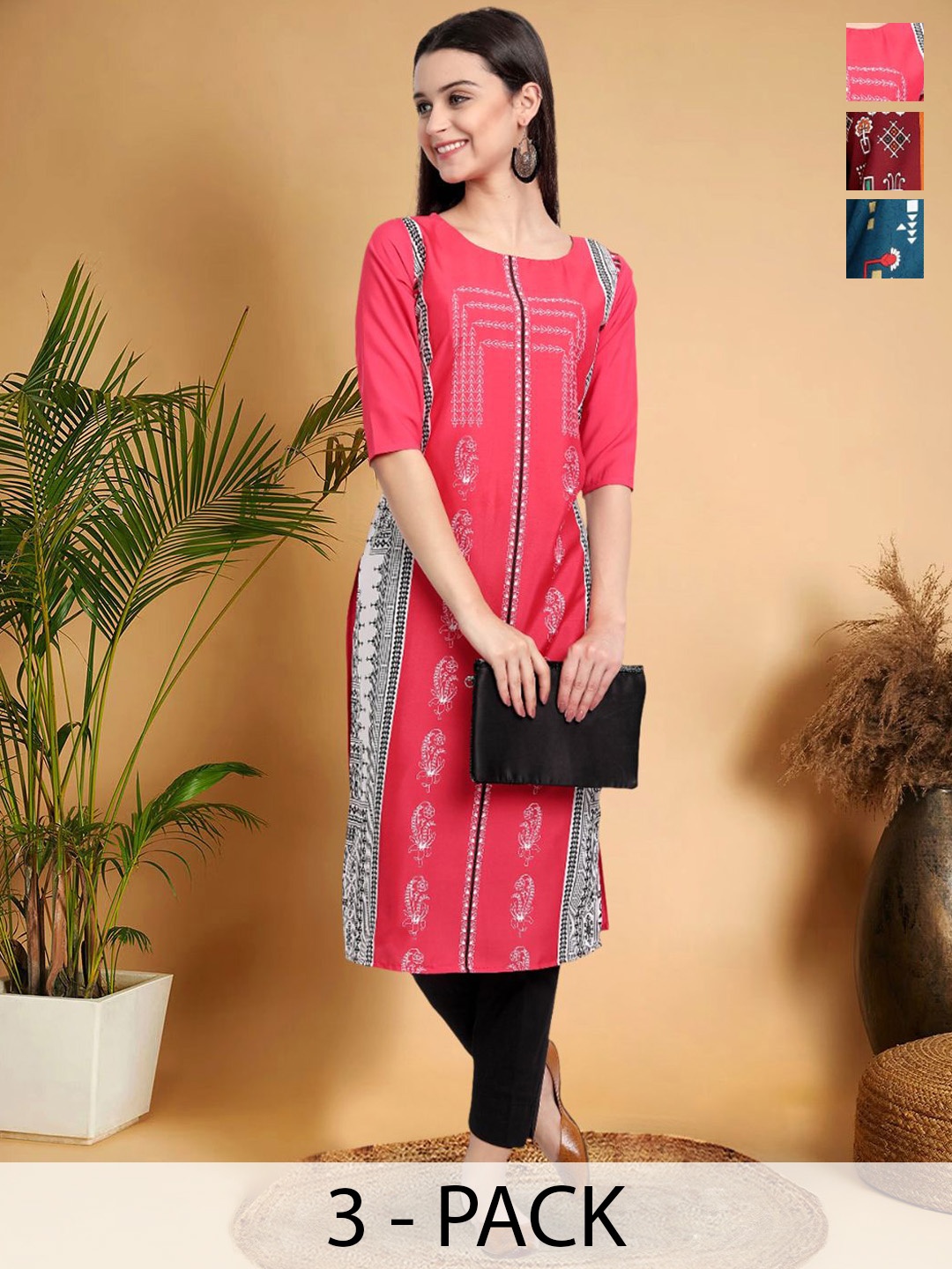 

7Threads Selection Of 3 Ethnic Motifs Printed Round Neck Straight Kurtas, Peach