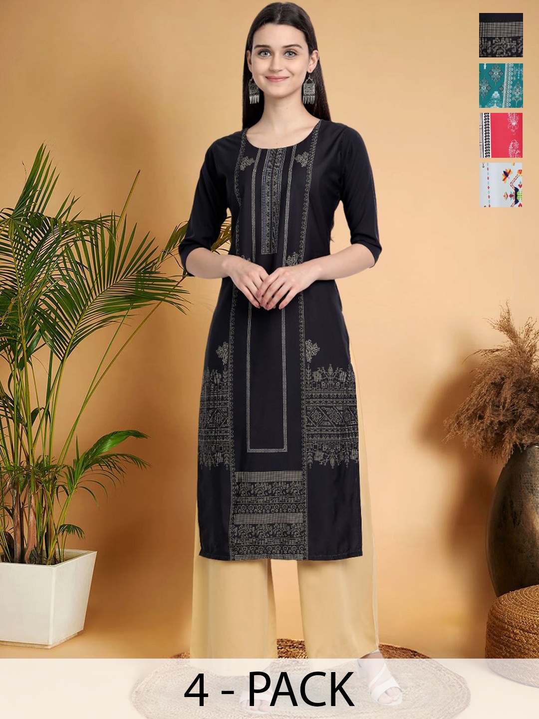 

7Threads Selection Of 4 Ethnic Motifs Printed Round Neck Straight Kurtas, Navy blue