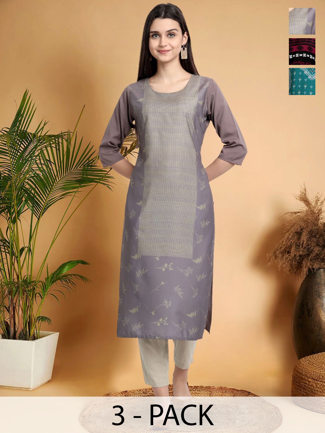

7Threads Selection Of 3 Ethnic Motifs Printed Round Neck Straight Kurtas, Grey