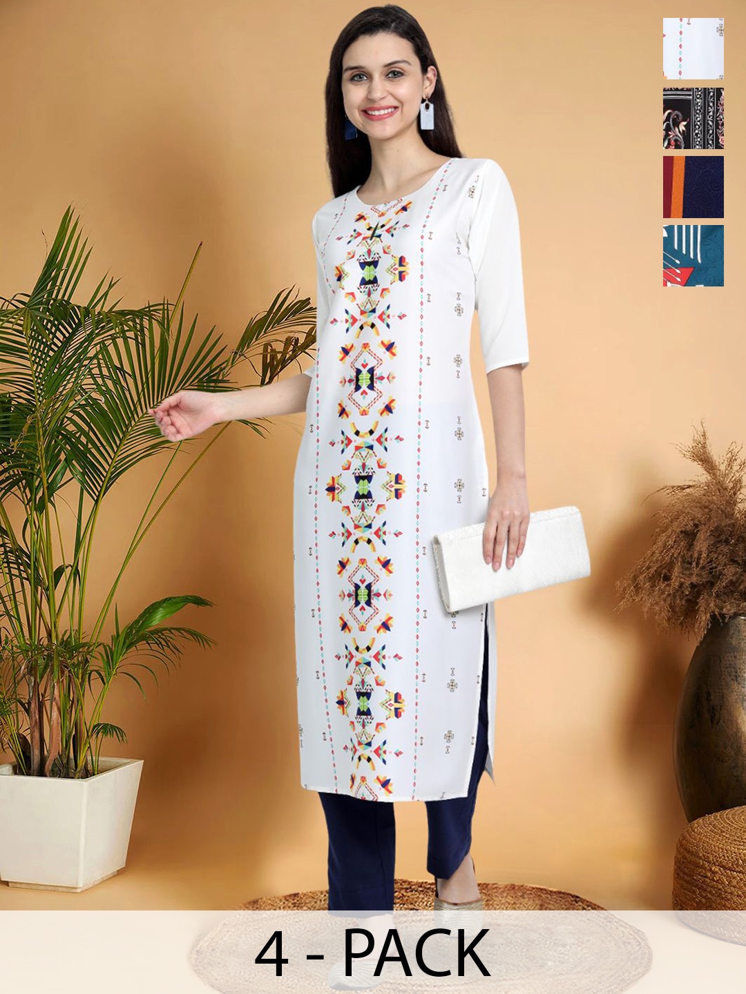 

7Threads Selection Of 4 Ethnic Motifs Printed Round Neck Straight Kurtas, White