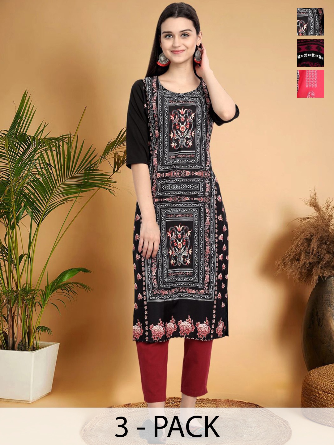 

7Threads Selection Of 3 Ethnic Motifs Printed Round Neck Straight Kurtas, Black