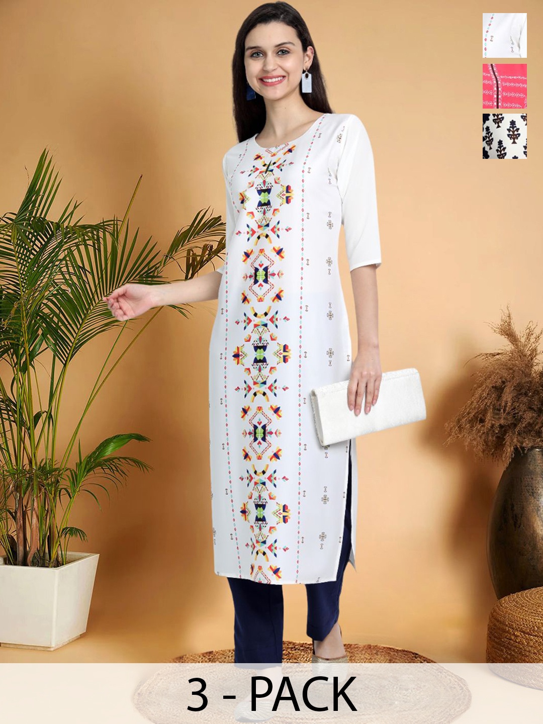 7Threads Selection Of 3 Ethnic Motifs Printed Round Neck Straight Kurtas, White