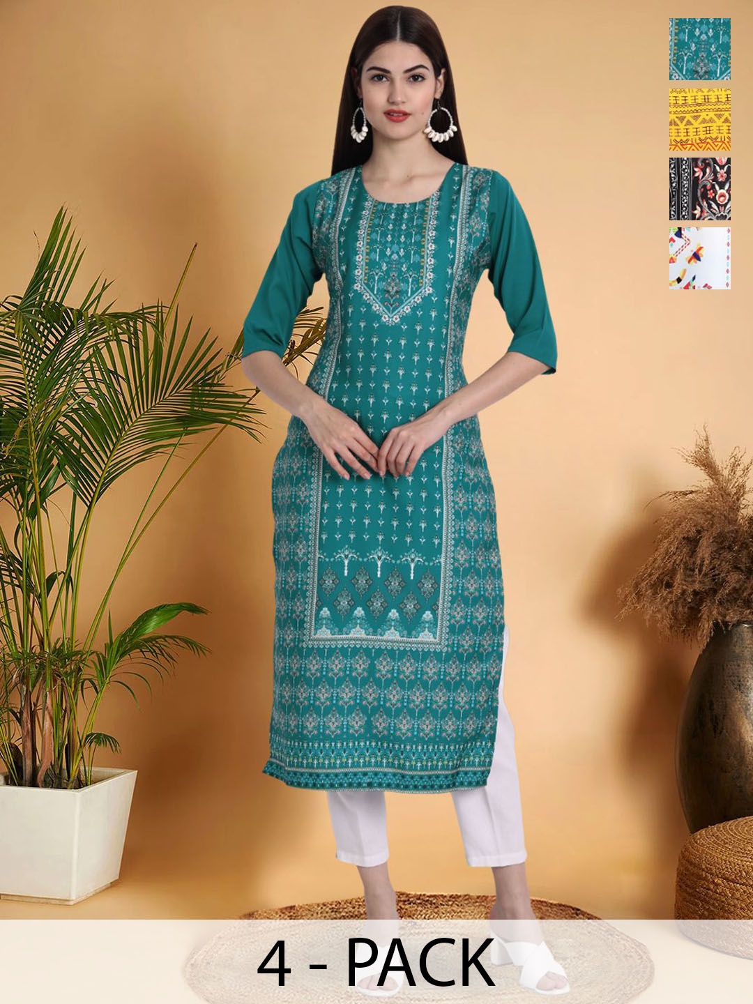 

7Threads Selection Of 4 Ethnic Motifs Printed Round Neck Straight Kurtas, Teal
