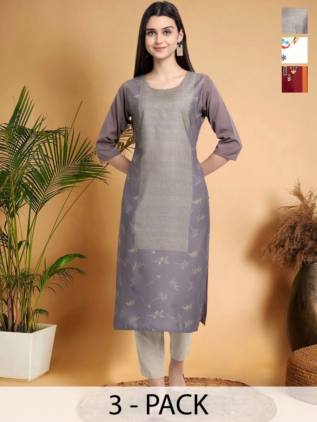 

7Threads Selection Of 3 Ethnic Motifs Printed Round Neck Straight Kurtas, Grey