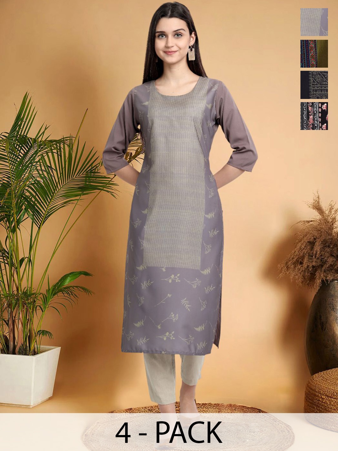 

7Threads Selection Of 4 Floral Printed Round Neck Straight Kurtas, Grey