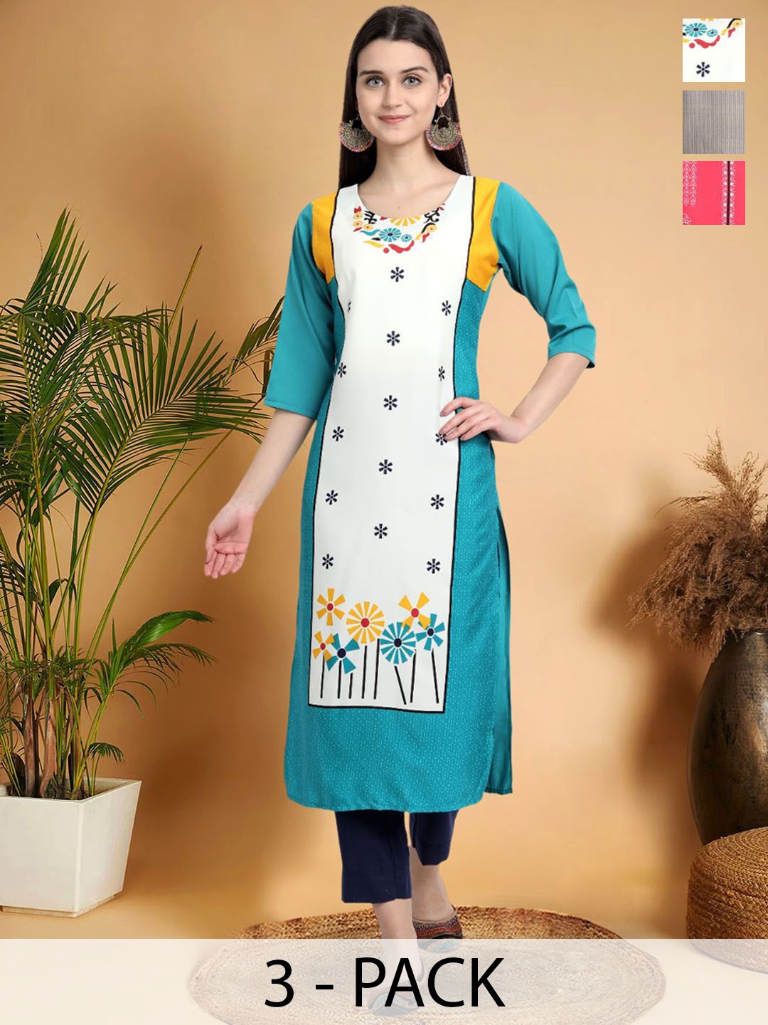 

7Threads Selection Of 3 Floral Printed Round Neck Straight Kurtas, White