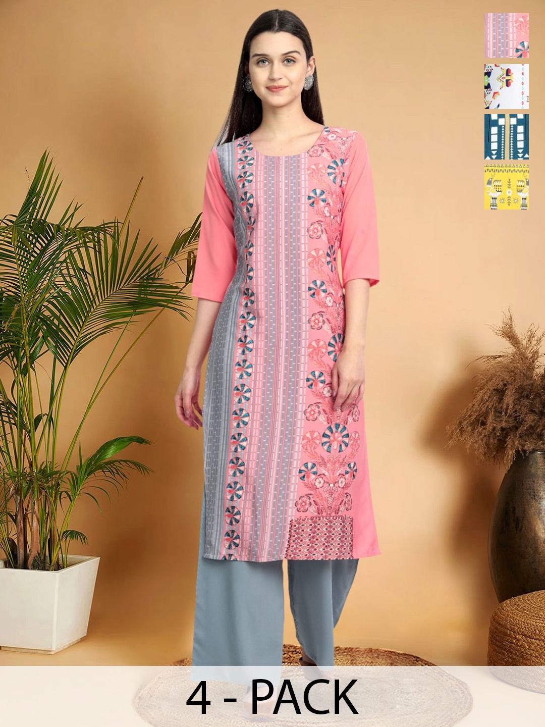 

7Threads Selection Of 4 Ethnic Motifs Printed Round Neck Straight Kurtas, Pink