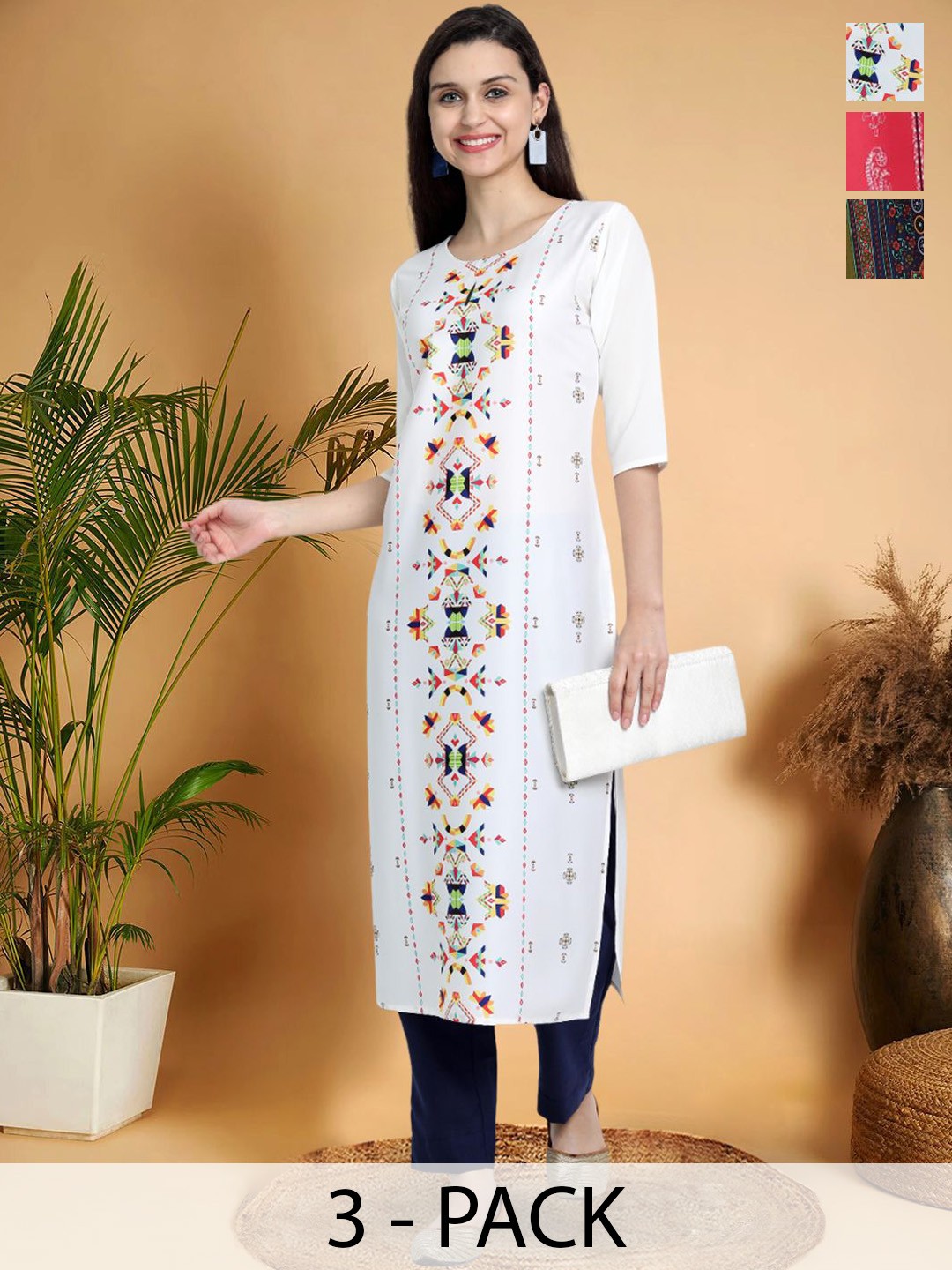 

7Threads Selection Of 3 Ethnic Motifs Printed Round Neck Straight Kurtas, White