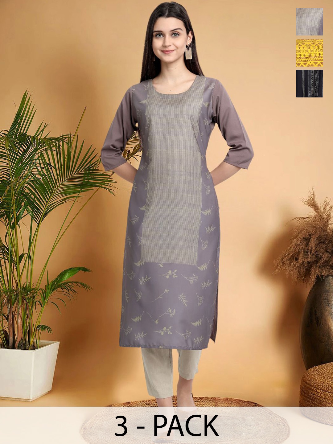 

7Threads Selection Of 3 Ethnic Motifs Printed Round Neck Straight Kurtas, Grey