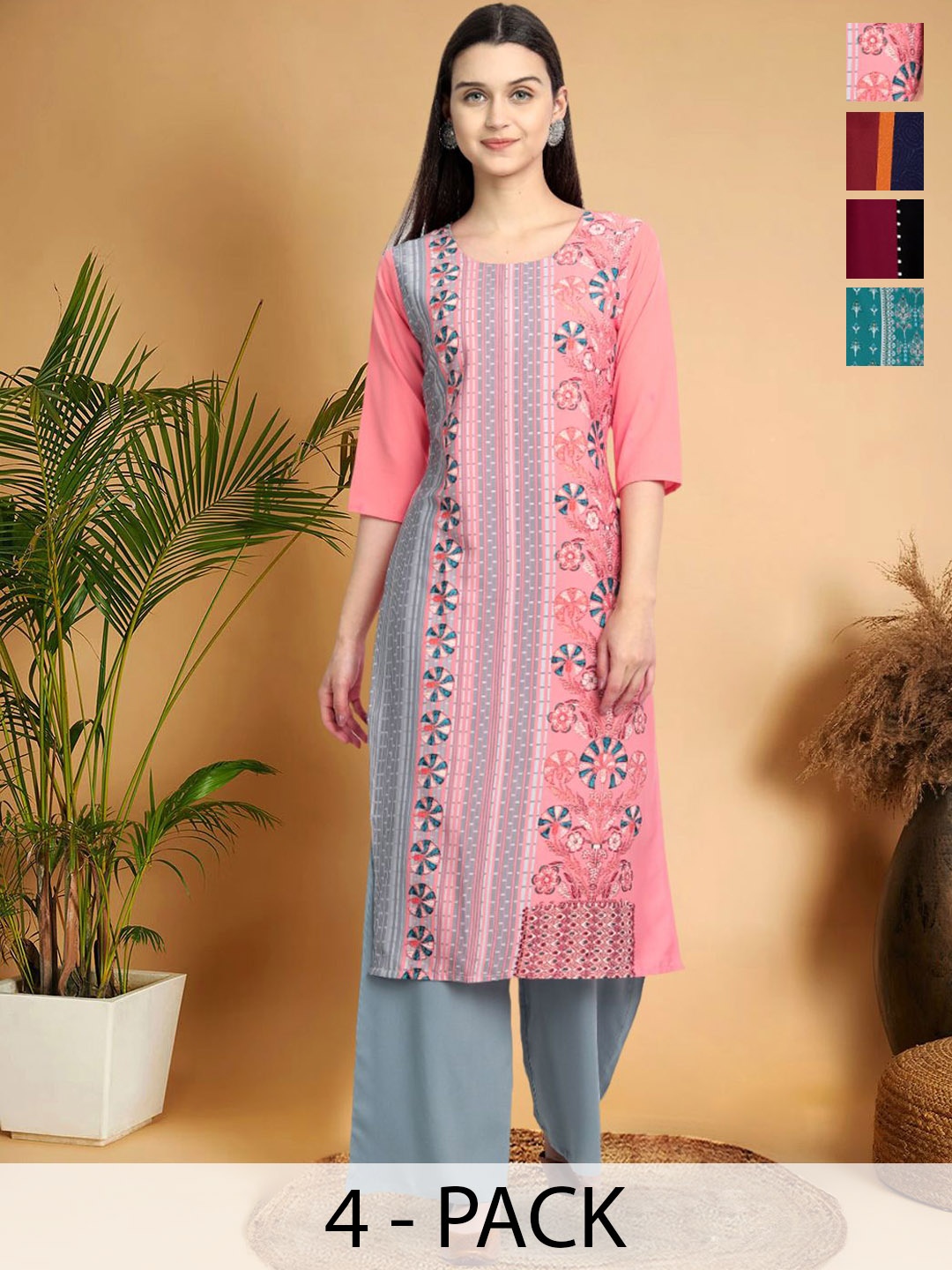 

7Threads Selection Of 4 Ethnic Motifs Printed Round Neck Straight Kurtas, Pink