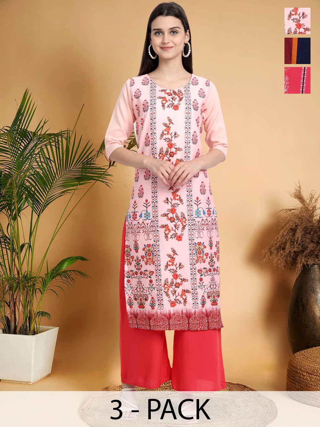 

7Threads Selection Of 3 Ethnic Motifs Printed Round Neck Straight Kurtas, Pink