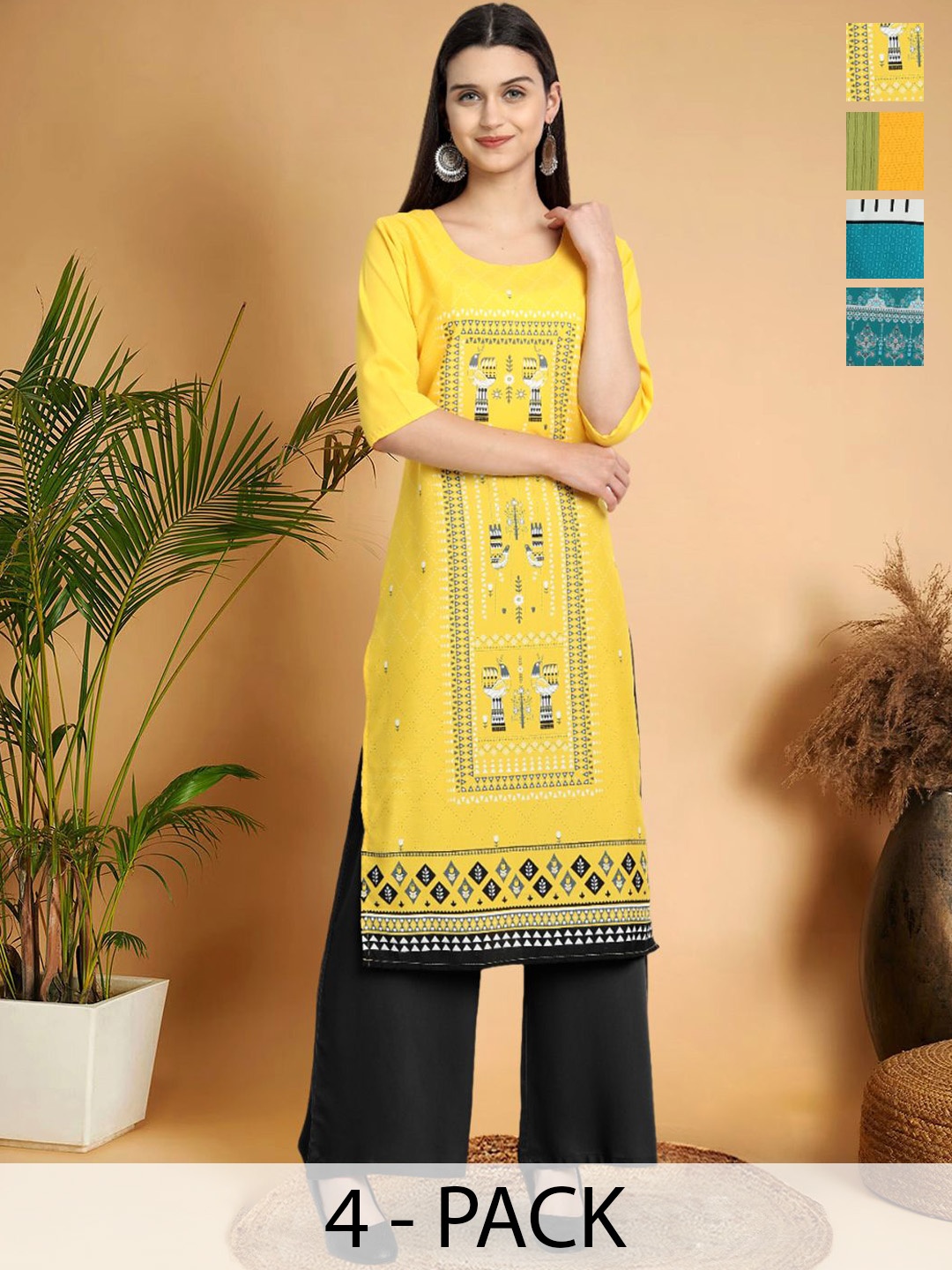 

7Threads Selection Of 4 Ethnic Motifs Printed Round Neck Straight Kurtas, Yellow