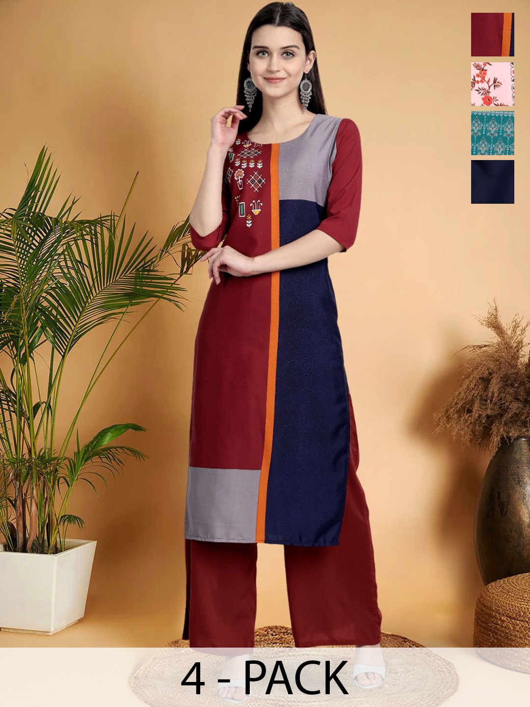 

7Threads Selection Of 4 Ethnic Motifs Printed Round Neck Straight Kurtas, Maroon