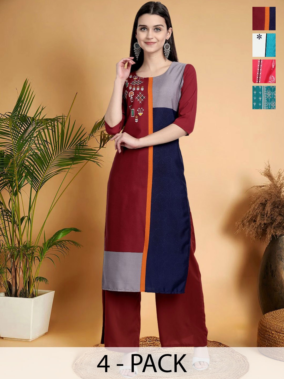 

7Threads Selection Of 4 Colourblocked Round Neck Straight Kurtas, Maroon