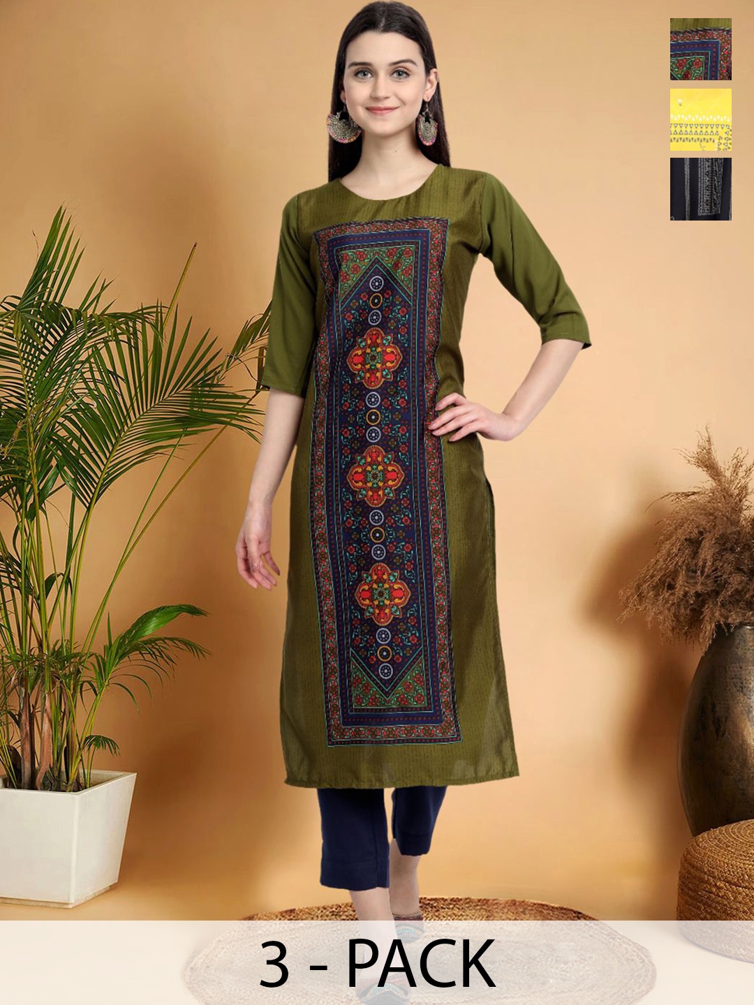 

7Threads Selection Of 3 Ethnic Motifs Printed Round Neck Straight Kurtas, Green