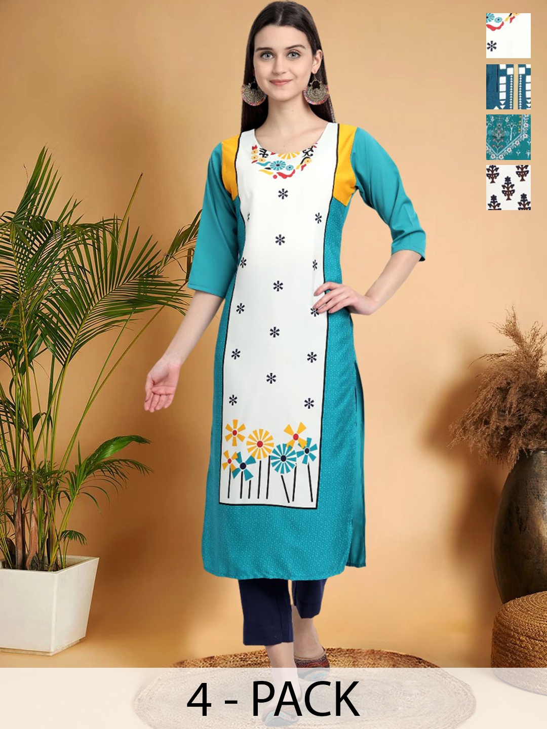 

7Threads Selection Of 4 Ethnic Motifs Printed Round Neck Straight Kurtas, White