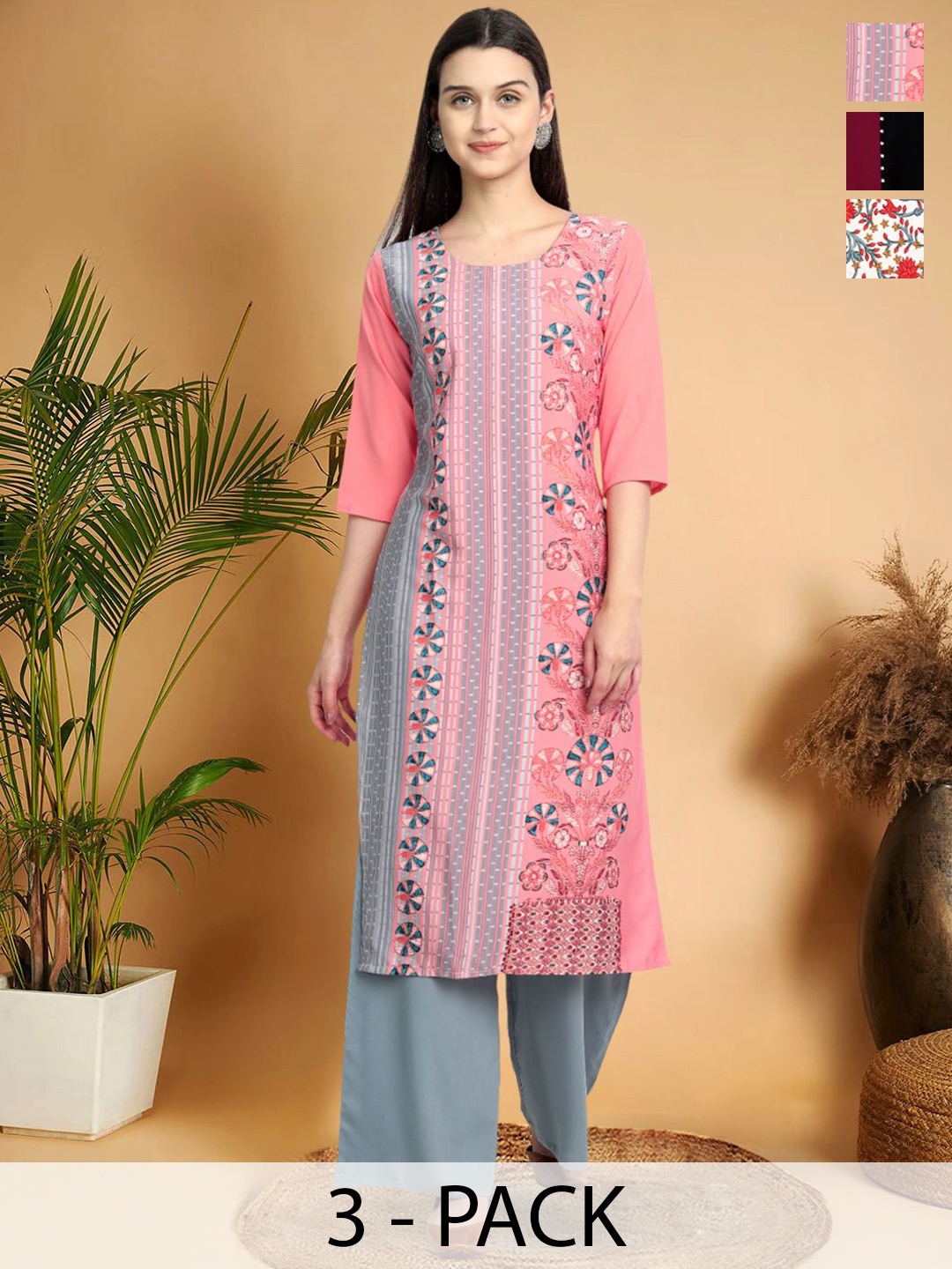 

7Threads Selection Of 3 Floral Printed Round Neck Straight Kurtas, Pink