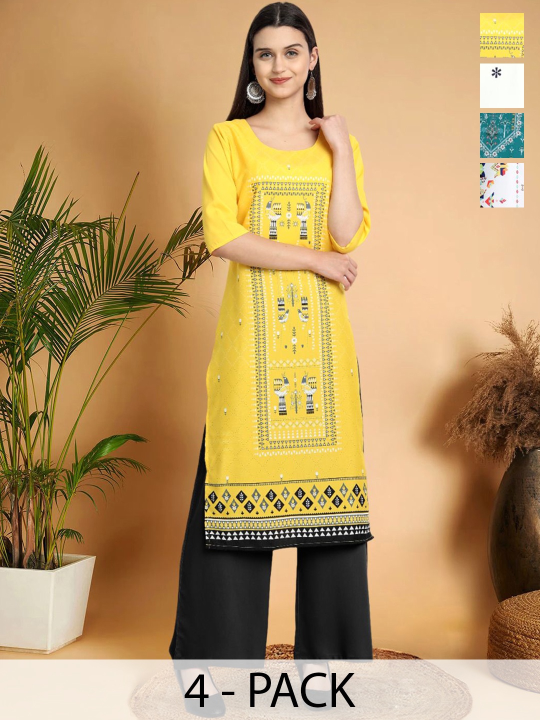 

7Threads Selection Of 3 Ethnic Motifs Printed Round Neck Straight Kurtas, Yellow