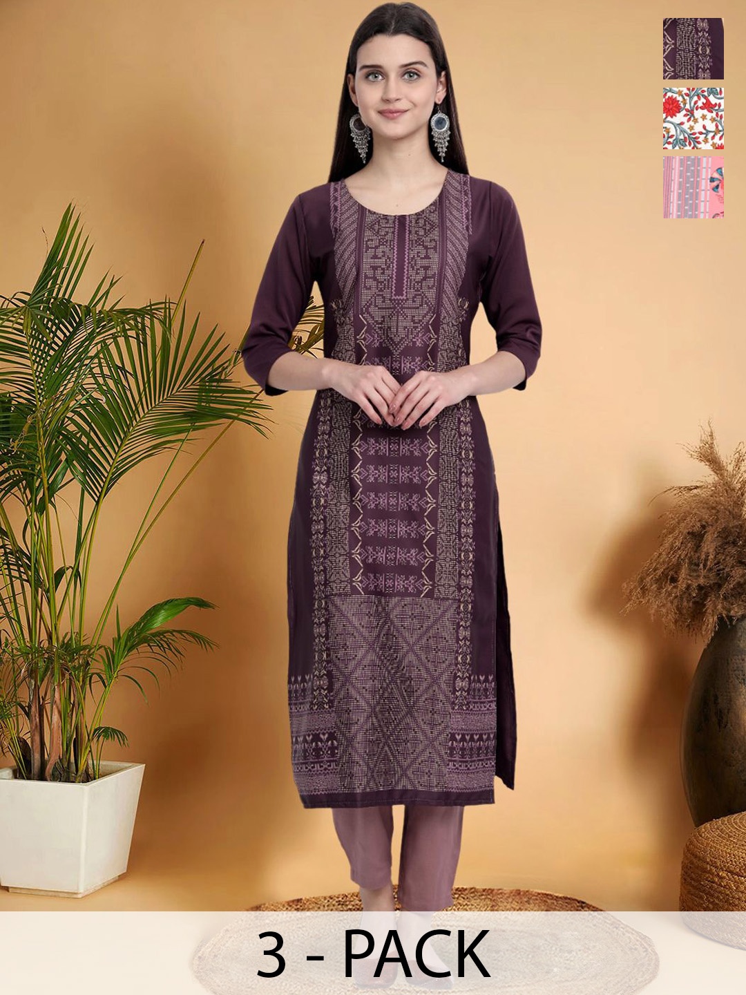 

7Threads Selection Of 3 Ethnic Motifs Printed Round Neck Straight Kurtas, Purple