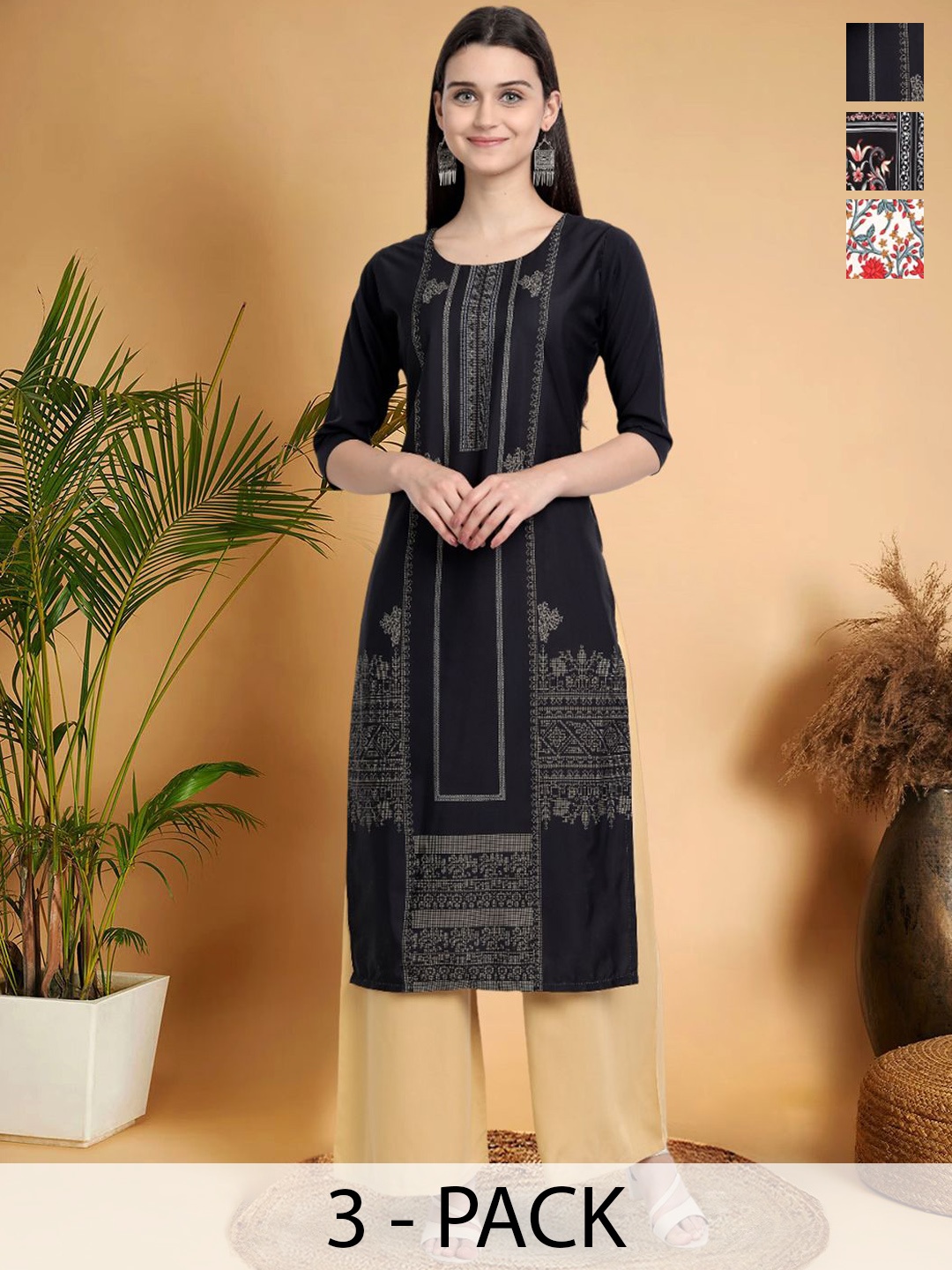 7Threads Selection Of 3 Ethnic Motifs Printed Round Neck Straight Kurtas, Black