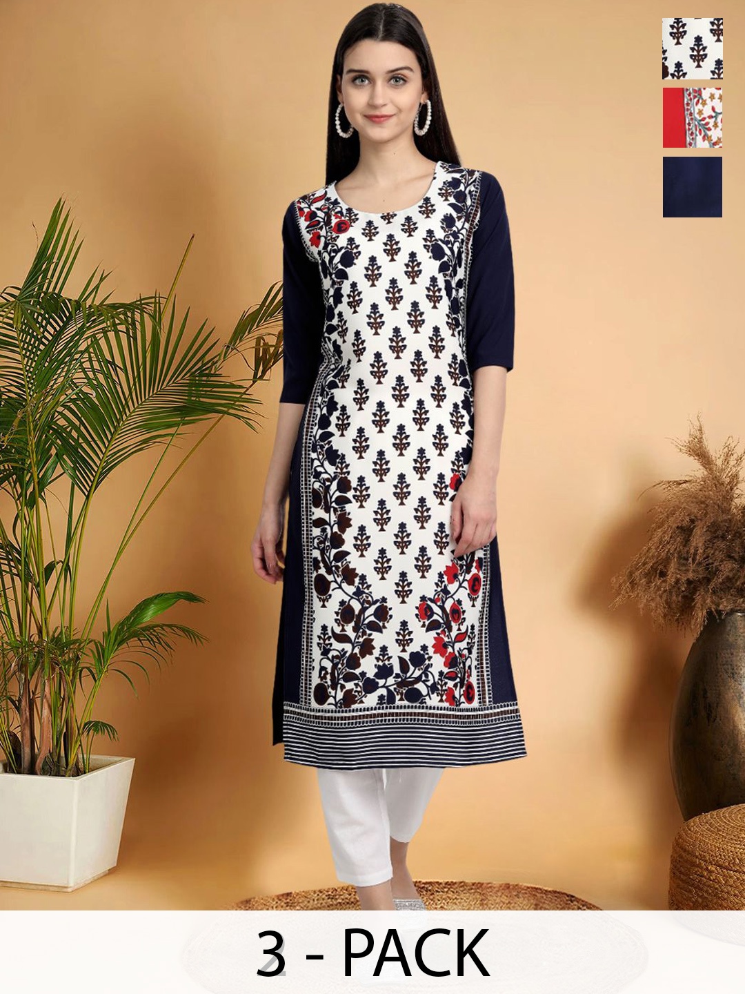 7Threads Selection Of 3 Floral Printed Round Neck Straight Kurtas, Black