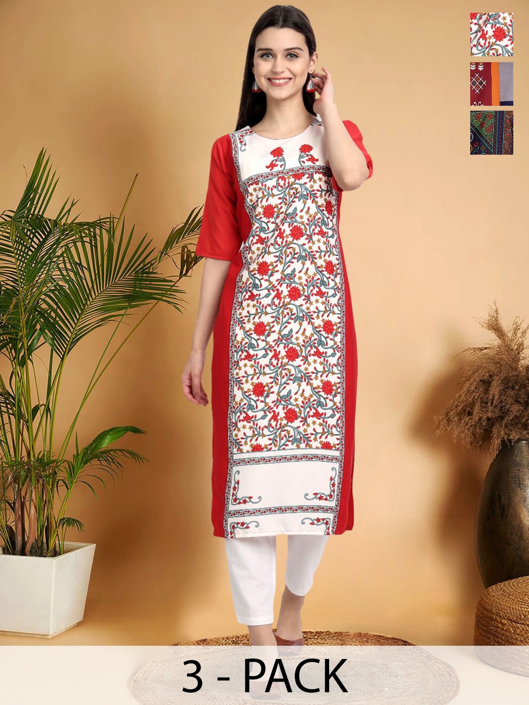 

7Threads Selection Of 3 Floral Printed Round Neck Straight Kurtas, Red