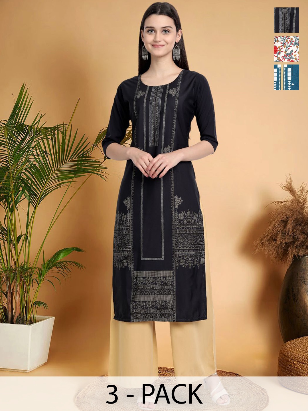 7Threads Selection Of 3 Ethnic Motifs Printed Round Neck Straight Kurtas, Black