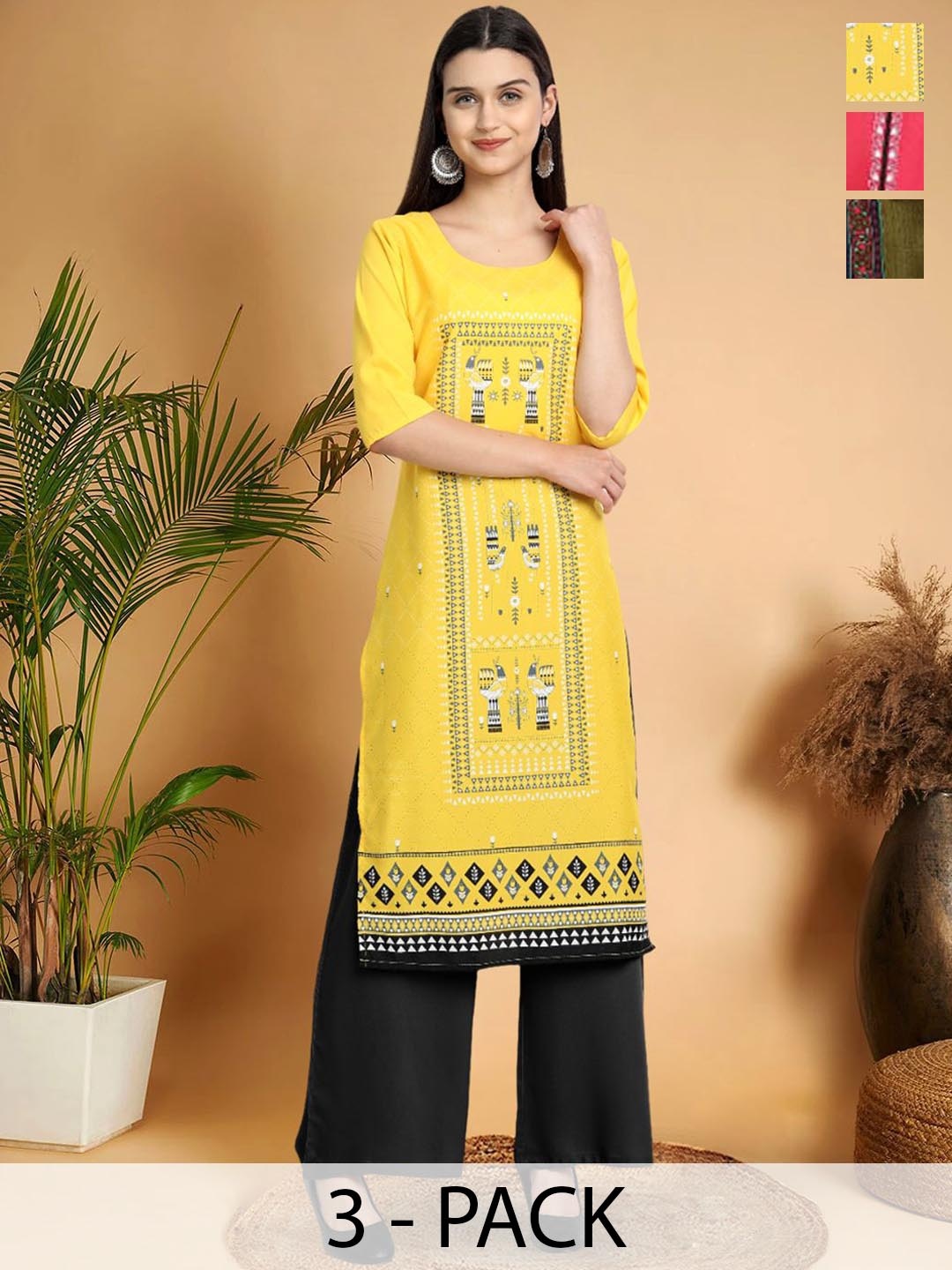 

7Threads Selection Of 3 Ethnic Motifs Printed Round Neck Straight Kurtas, Yellow