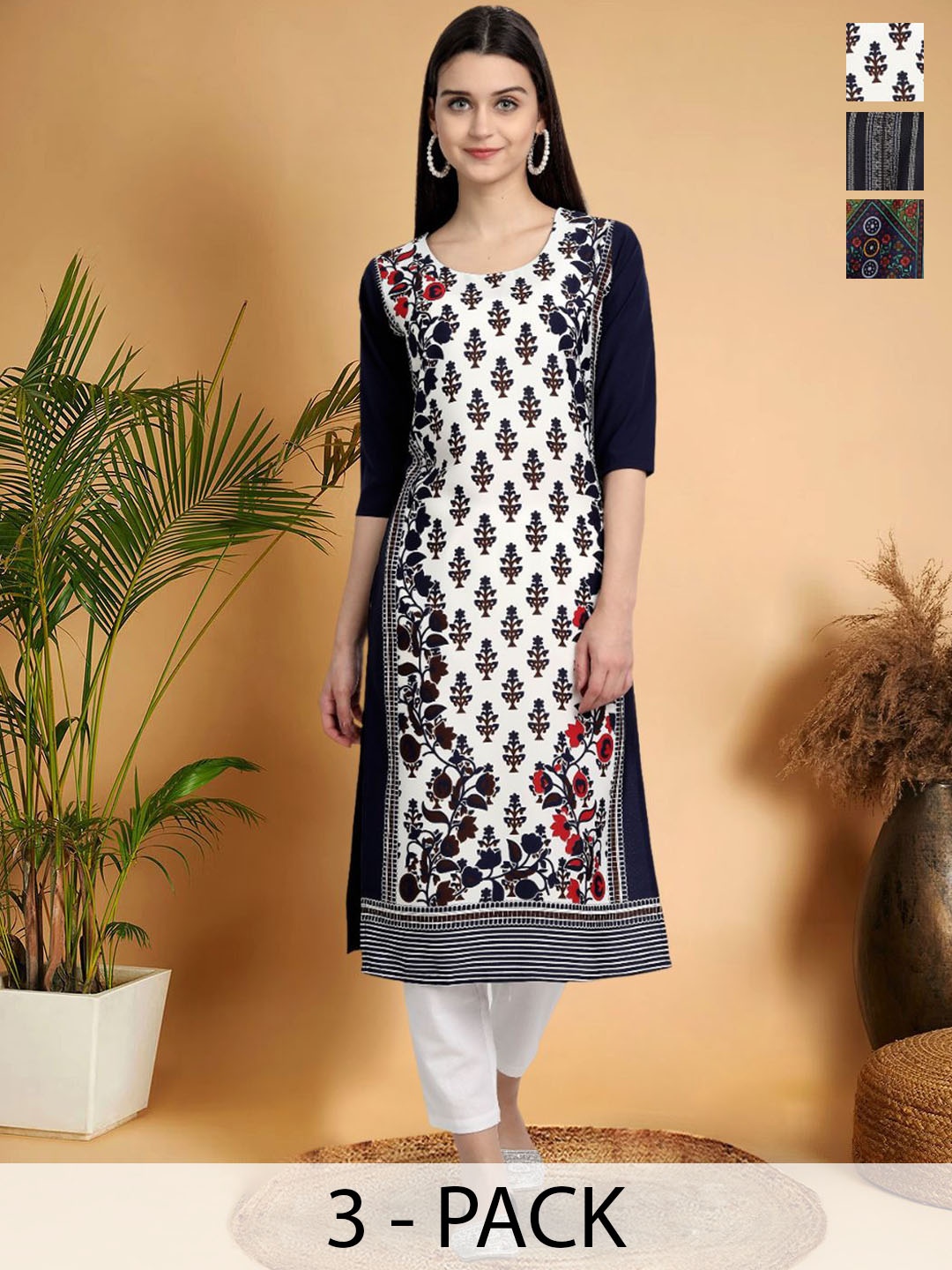 

7Threads Selection Of 3 Floral Printed Round Neck Straight Kurtas, Black