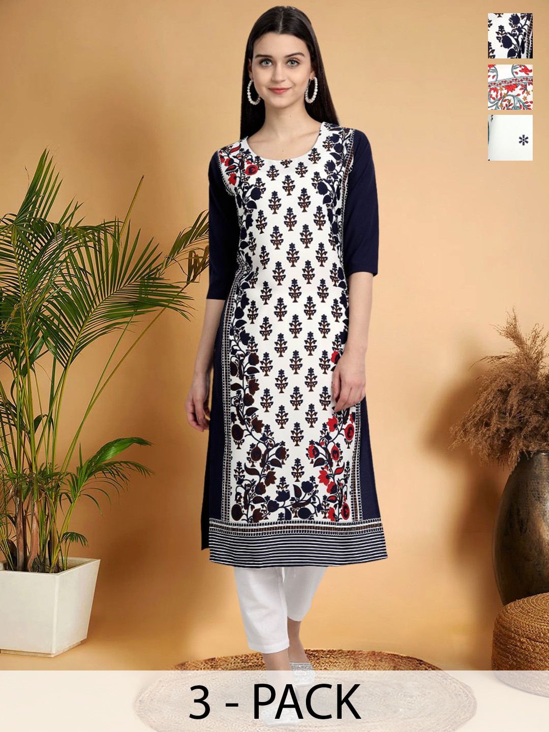 

7Threads Selection Of 3 Floral Printed Round Neck Straight Kurtas, Black
