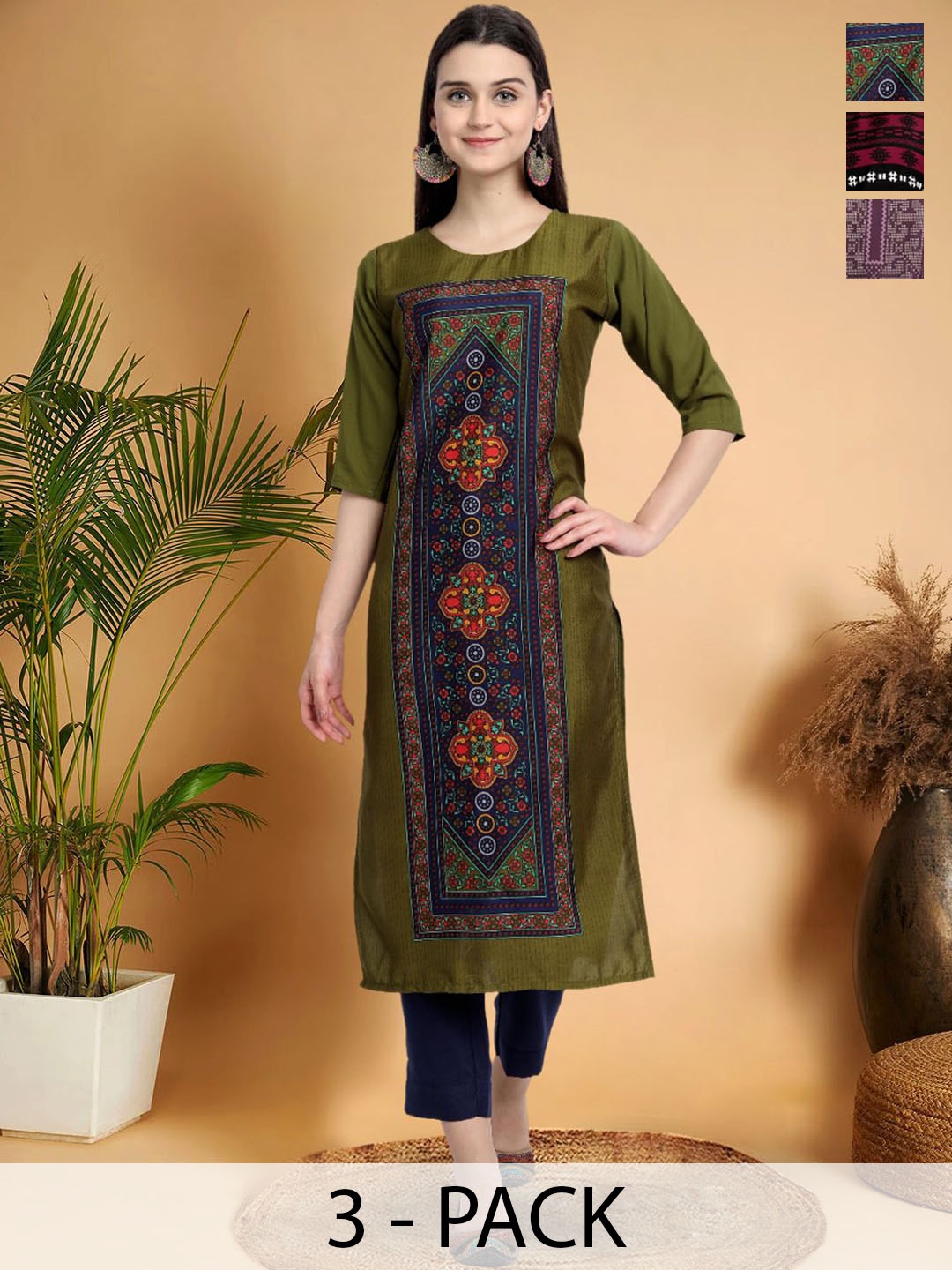 

7Threads Selection Of 3 Ethnic Motifs Printed Round Neck Straight Kurtas, Green