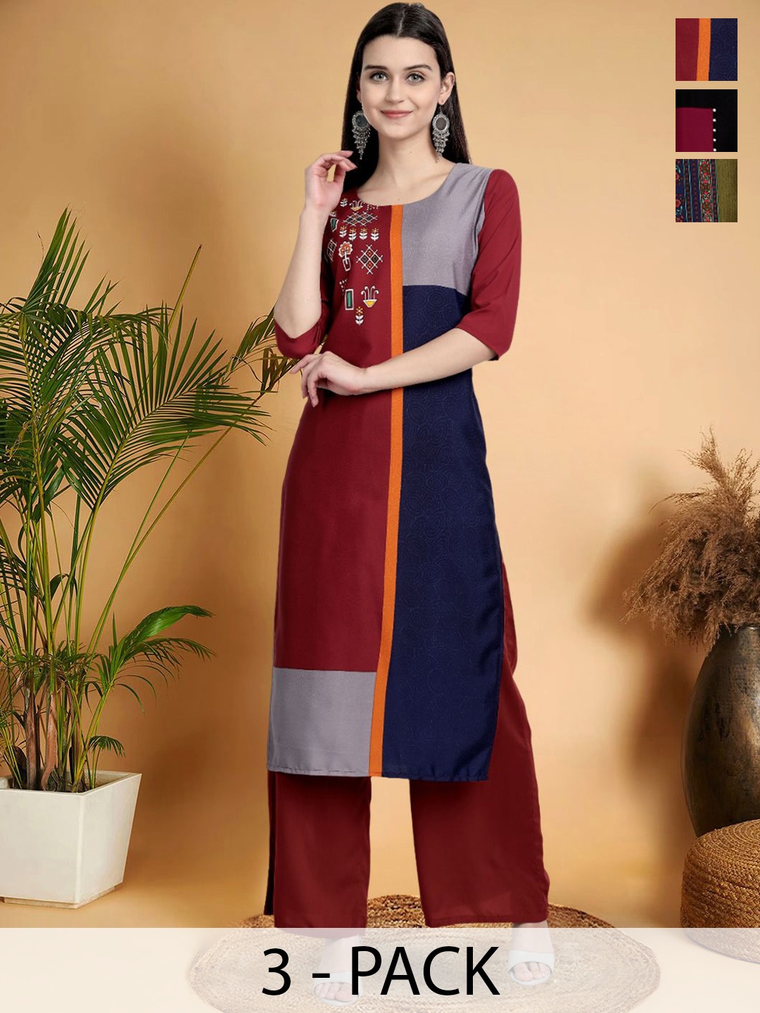 

7Threads Selection Of 3 Colourblocked printed Round Neck Straight Kurtas, Maroon