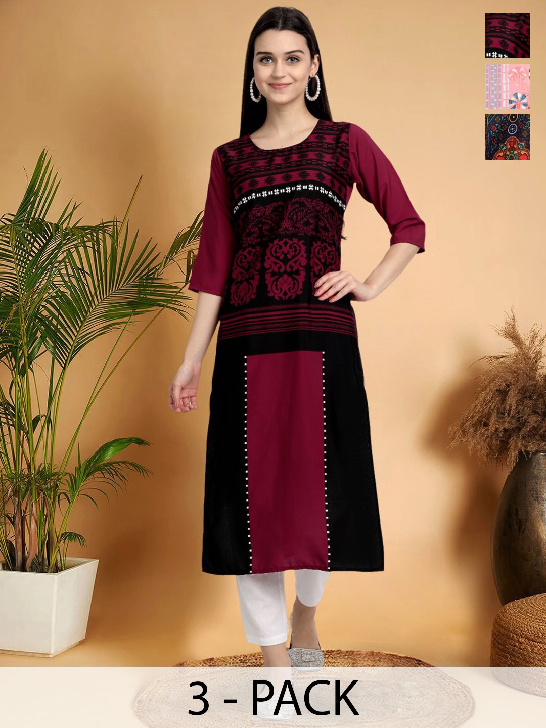

7Threads Selection Of 3 Ethnic Motifs Printed Round Neck Straight Kurtas, Maroon