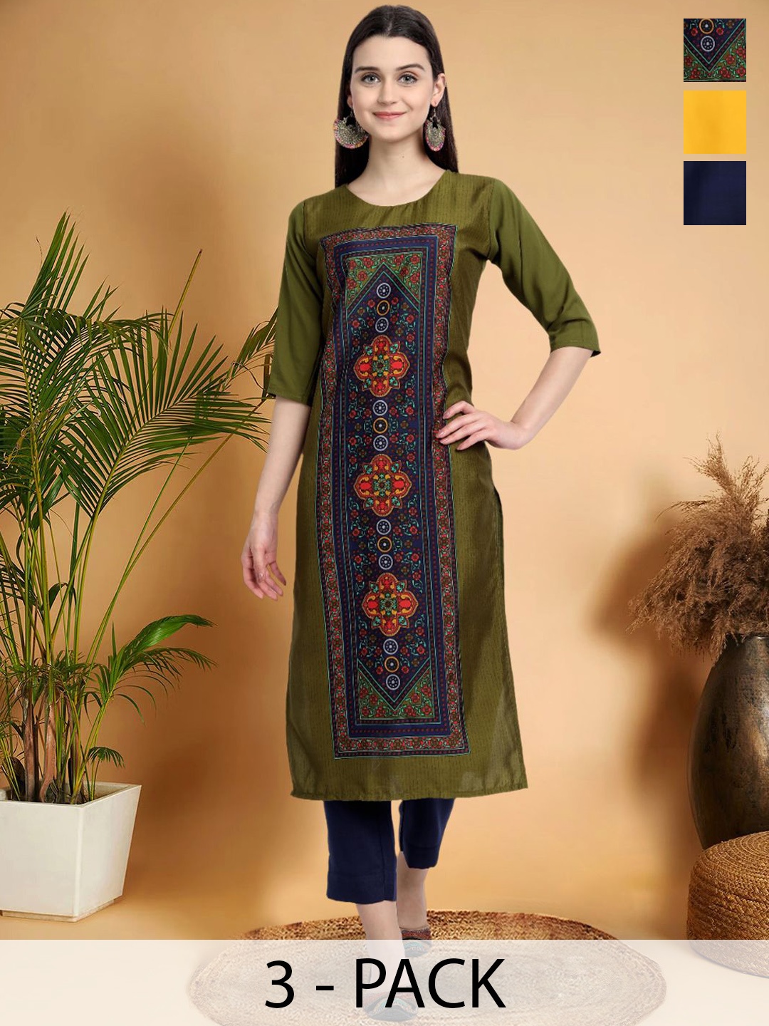 

7Threads Selection Of 3 Ethnic Motifs Printed Round Neck Straight Kurtas, Green