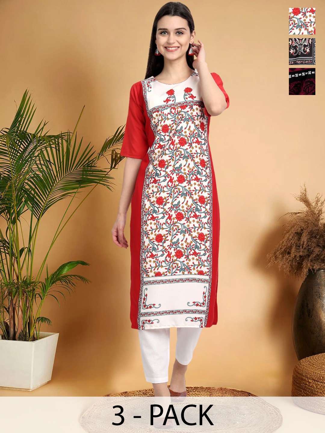 

7Threads Selection Of 3 Floral Printed Round Neck Straight Kurtas, Red