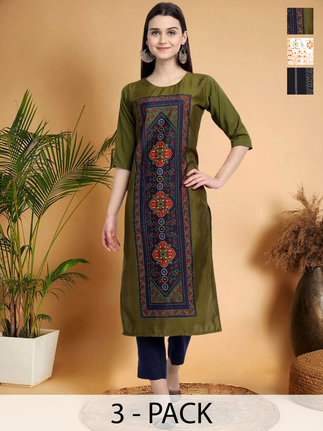 

7Threads Selection Of 3 Ethnic Motifs Printed Round Neck Straight Kurtas, Green